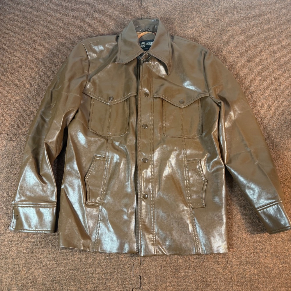 Ventura Vintage Faux Leather Trucker Jacket Men Small Brown 70s Retro Vinyl 3165